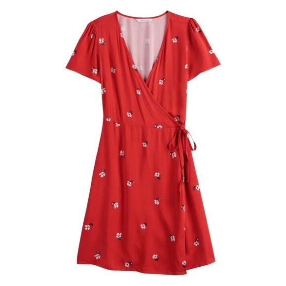 POPSUGAR SZ XS Red Floral Print Short-sleeve Faux Wrap Dress - Picture 6 of 10